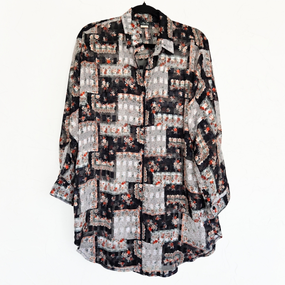 Vintage Burnout Patterned Patchwork Black Red Whi… - image 1